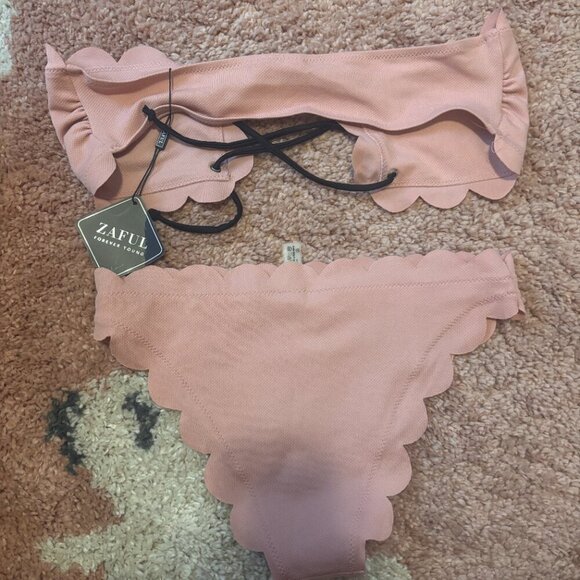 ZAFUL Women's M Pink Strapless Bandeau Scallop Strappy Bikini-Textured Swimsuit - Picture 5 of 5